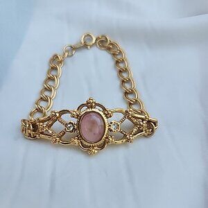 Vintage Avon Rose Quartz Cabochon Gold Tone Chain Bracelet 1993 7" NWOT